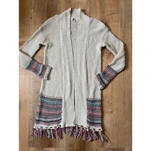 Roxy Women`s Long Knit Cardigan Sweater Size L Multi Stripe Fringe Boho Artisan